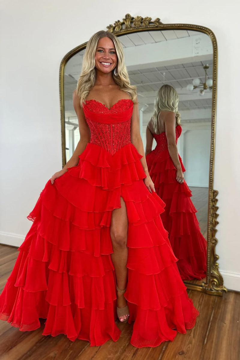 A Line Sweetheart Red Chiffon Long Prom Dress with Appliques