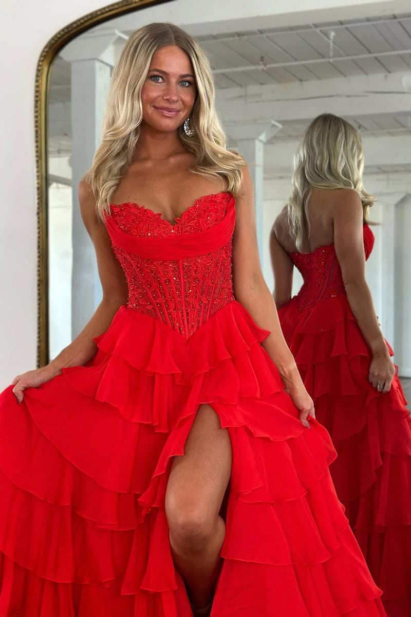 A Line Sweetheart Red Chiffon Long Prom Dress with Appliques