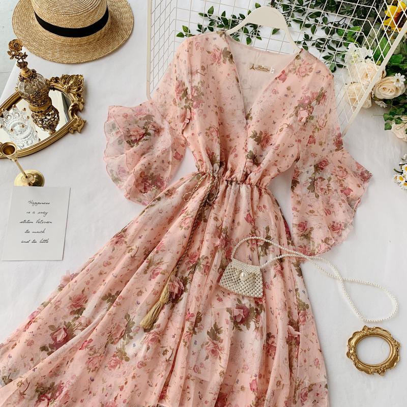 A line v neck floral dress fashion dress S01
