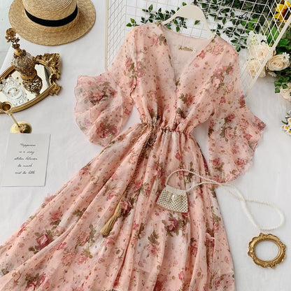 A line v neck floral dress fashion dress S01