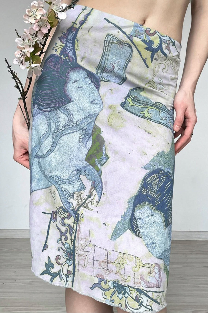 Abstract Print Mesh Bodycon Skirt