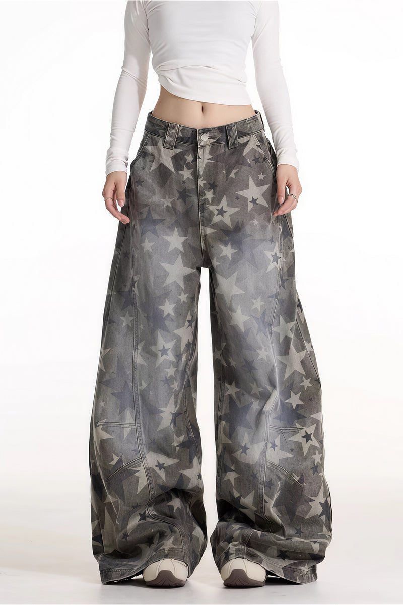 All Over Star Printed Wide Leg Jeans
