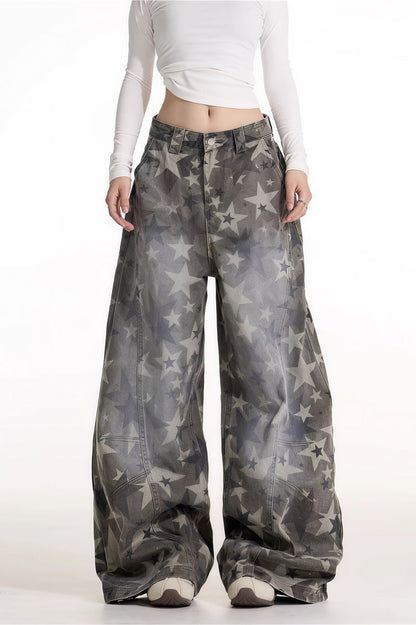All Over Star Printed Wide Leg Jeans