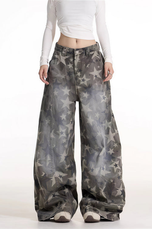 All Over Star Printed Wide Leg Jeans