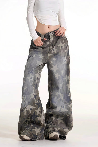 All Over Star Printed Wide Leg Jeans