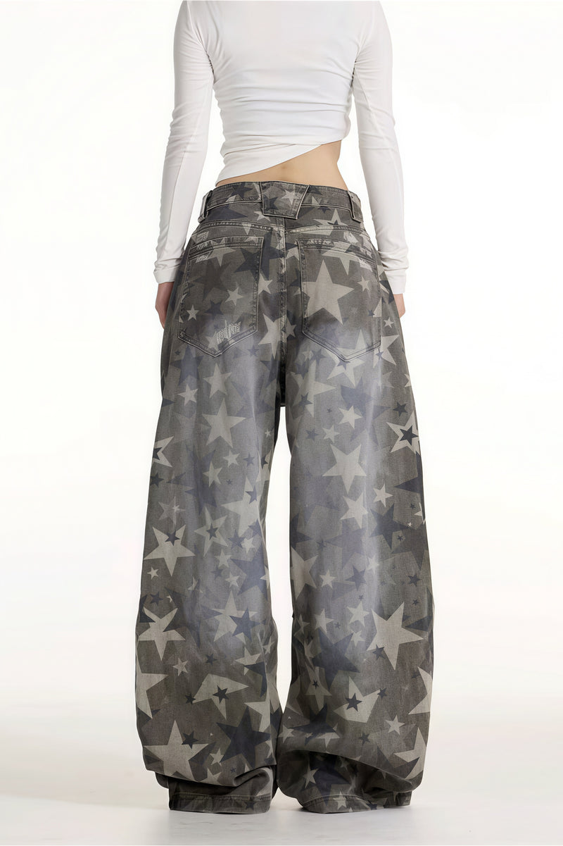 All Over Star Printed Wide Leg Jeans