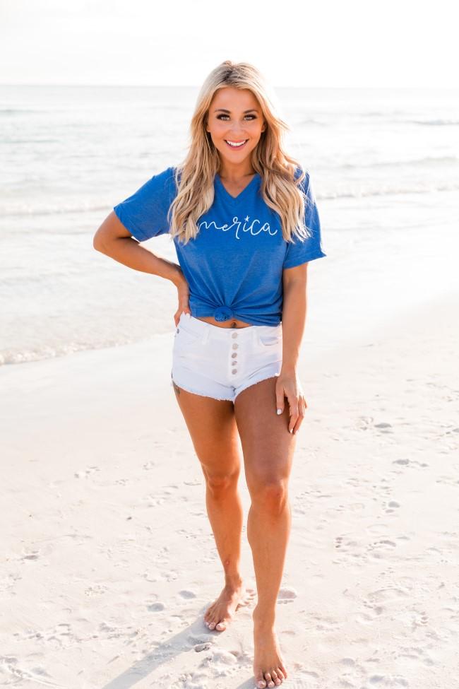 America Cursive Graphic V-Neck Heather True Royal Tee