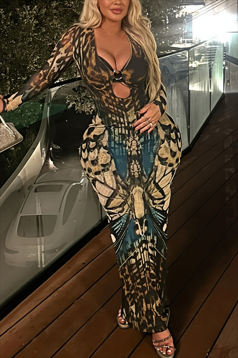 Animal Print Buckle Cutout Slit Maxi Dress