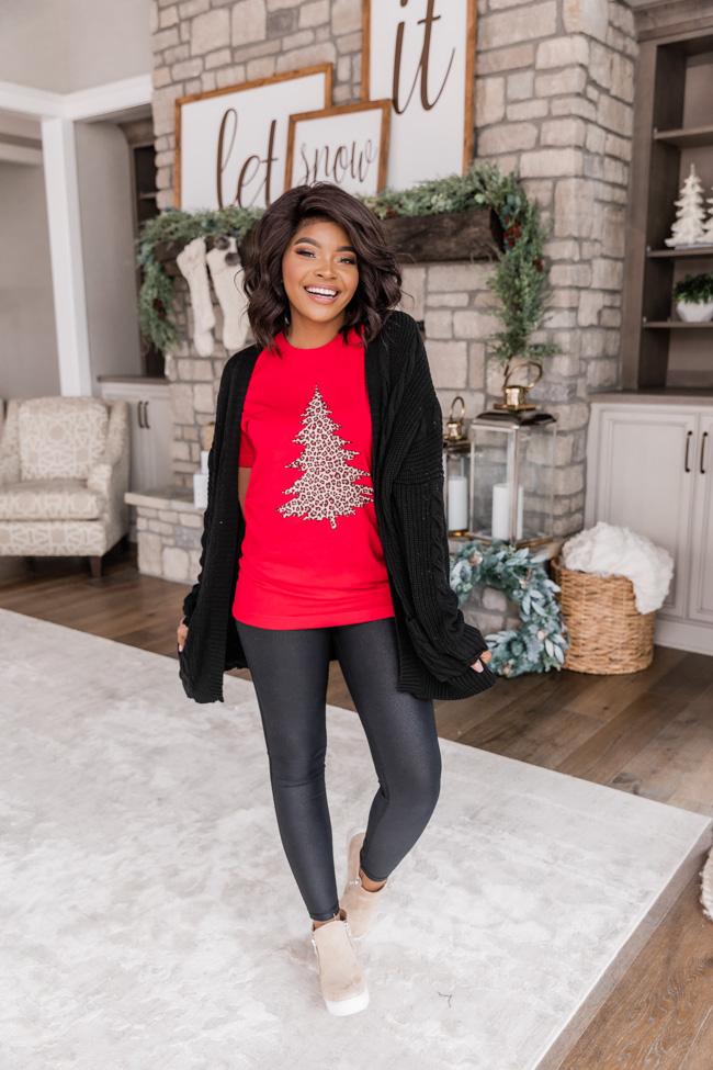 Animal Print Christmas Tree Graphic Red Tee