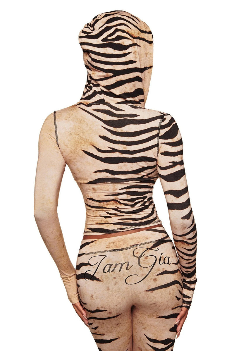 Animal Print Hooded Elastic Two Piece Set