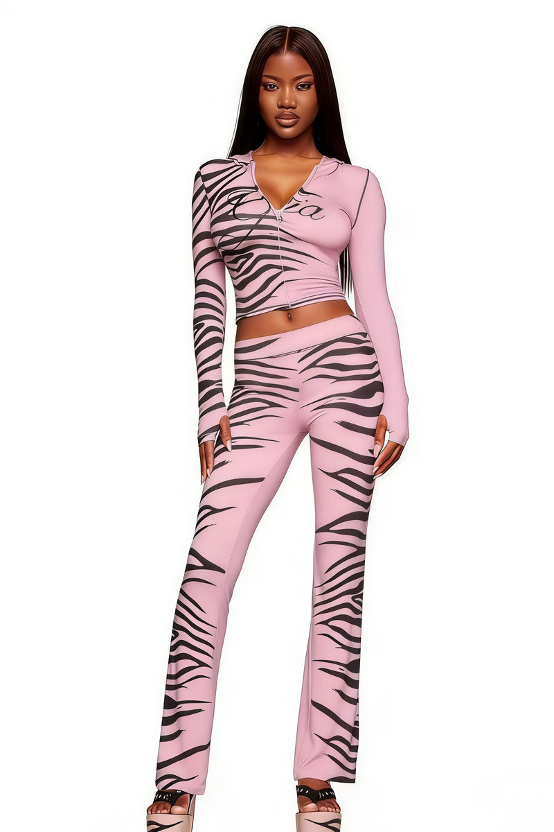 Animal Print Hooded Elastic Two Piece Set