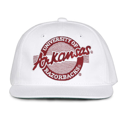 Arkansas Retro Circle snapback hat in white, front view