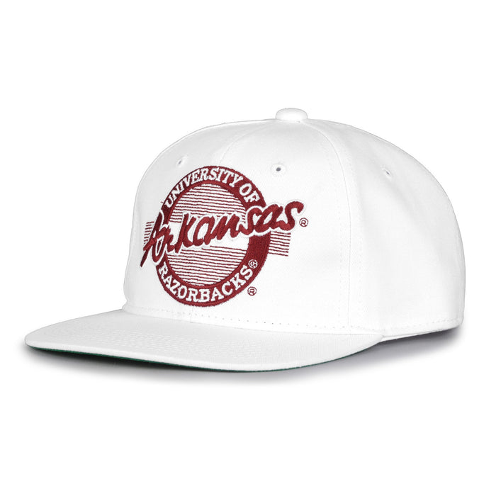 Arkansas Retro Circle snapback hat in white, angled view
