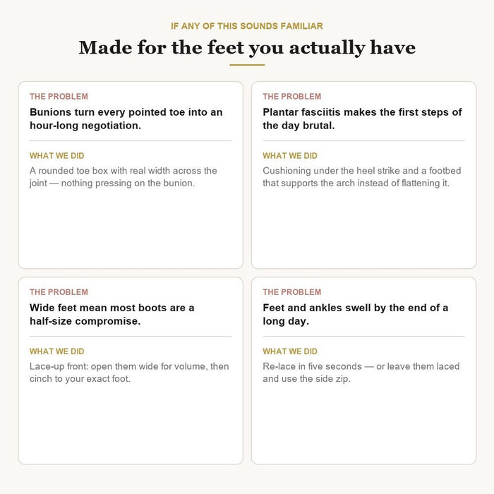 Aruna Boots designed for bunions, plantar fasciitis, wide feet and swelling