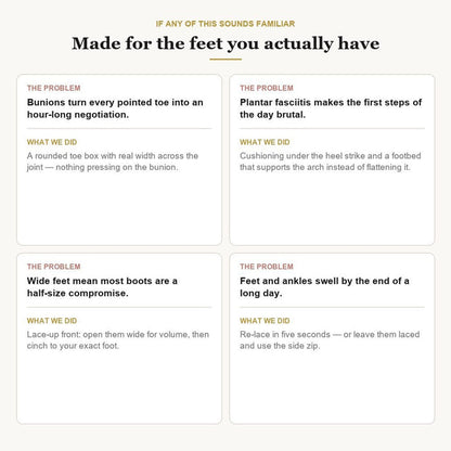 Aruna Boots designed for bunions, plantar fasciitis, wide feet and swelling