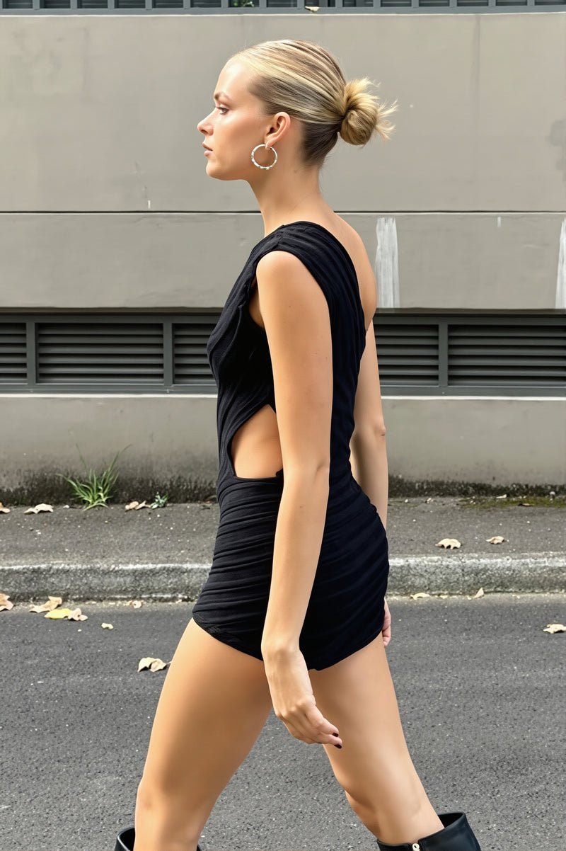 Asym Cutout Patch Knit Mini Dress