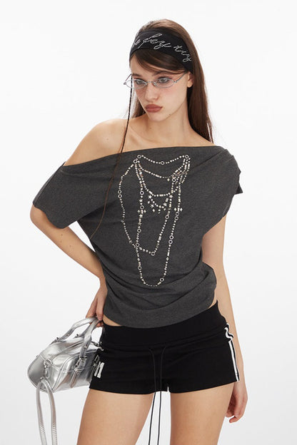 Asym Neck Beaded Cropped T‑shirt