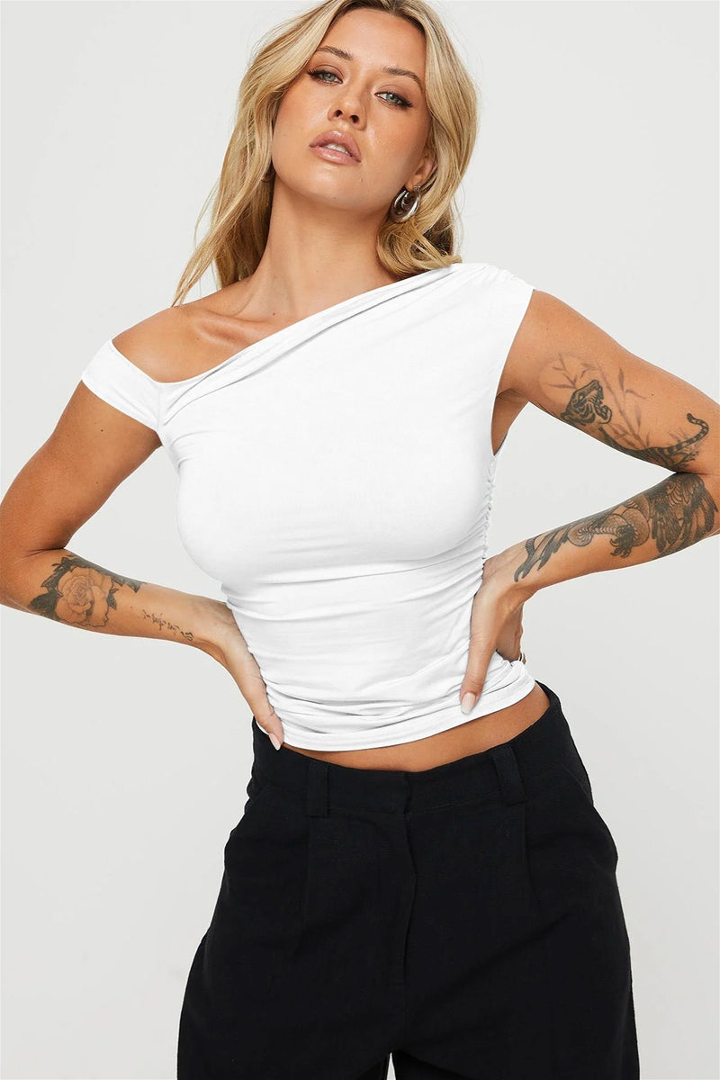 Asym Neck Ruched Slim Blouse