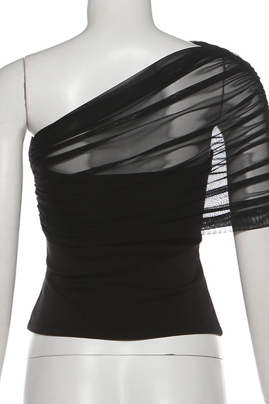 Asymmetric Shoulder Ruched Fitted Blouse