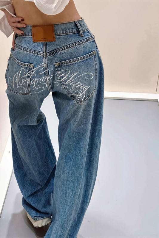 Back Rhinestone Letter Straight Jeans