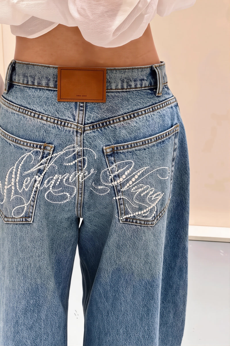 Back Rhinestone Letter Straight Jeans