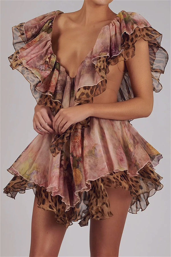 Backless Irregular Ruffle Print Mini Dress