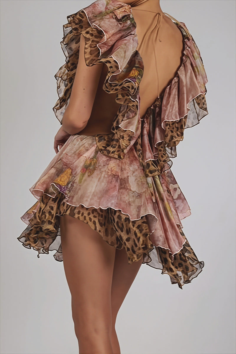 Backless Irregular Ruffle Print Mini Dress