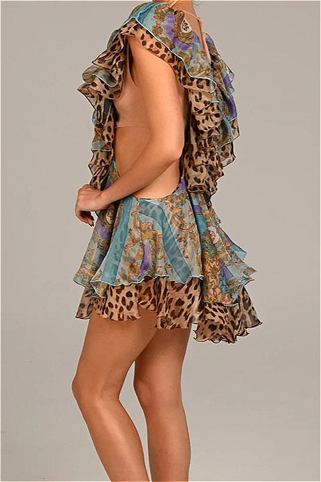 Backless Irregular Ruffle Print Mini Dress