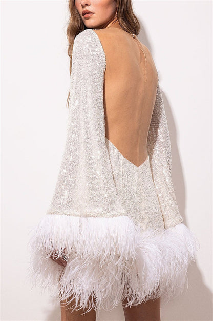 Backless Sequin Feather Mini Dress