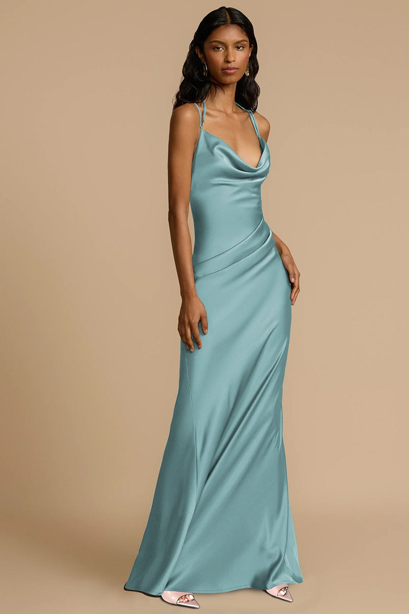 Backless Solid Color Draped Neck Elegant Prom Dress