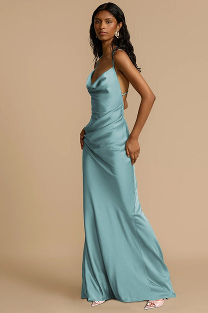 Backless Solid Color Draped Neck Elegant Prom Dress