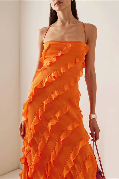 Backless Tie Ruffle Slit Cami Maxi Dress