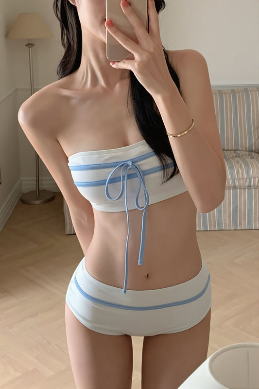 Bandeau Color Block Bow Sweet Bikini Set
