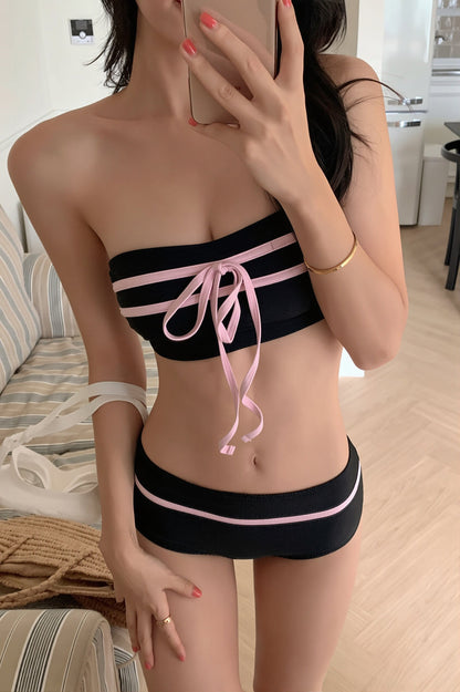 Bandeau Color Block Bow Sweet Bikini Set