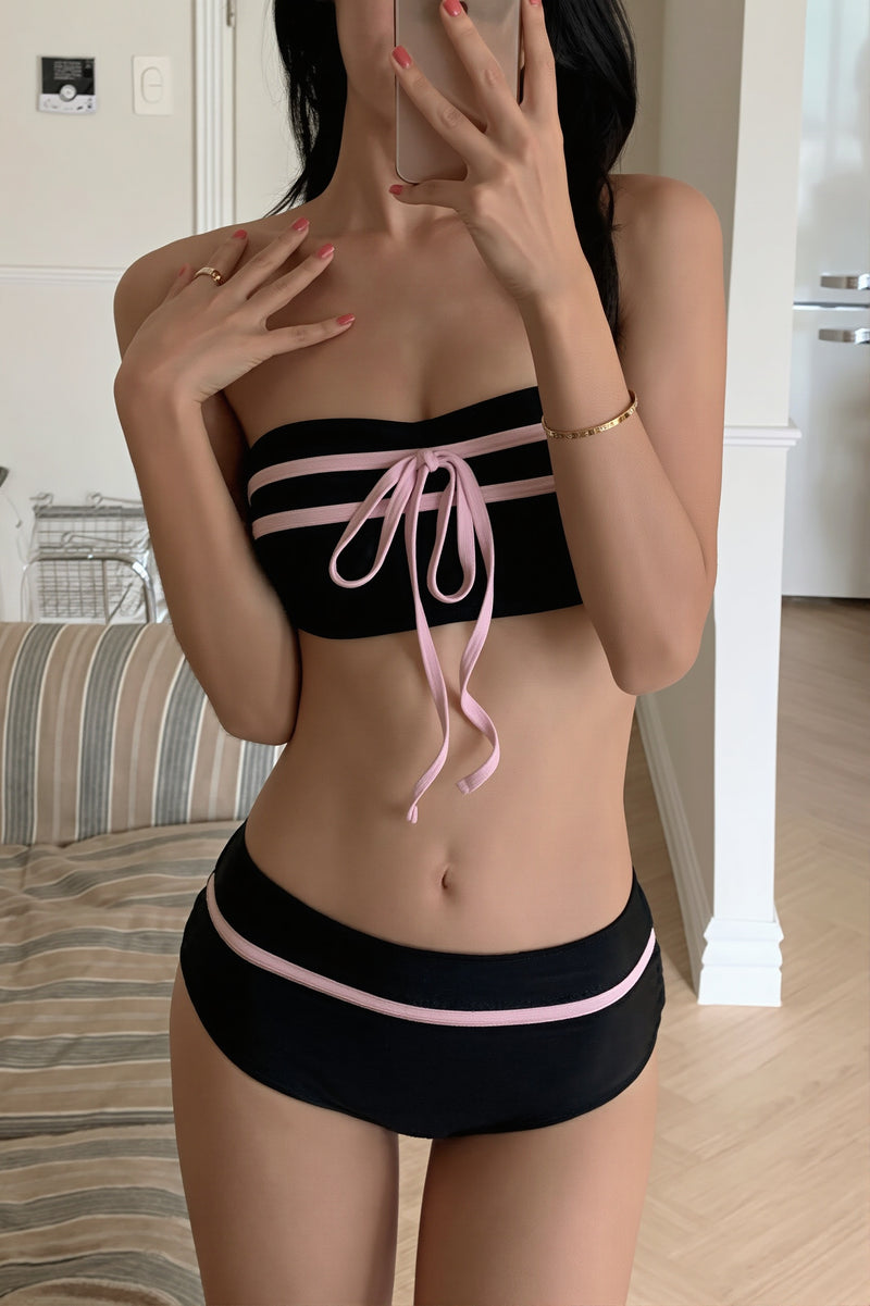 Bandeau Color Block Bow Sweet Bikini Set