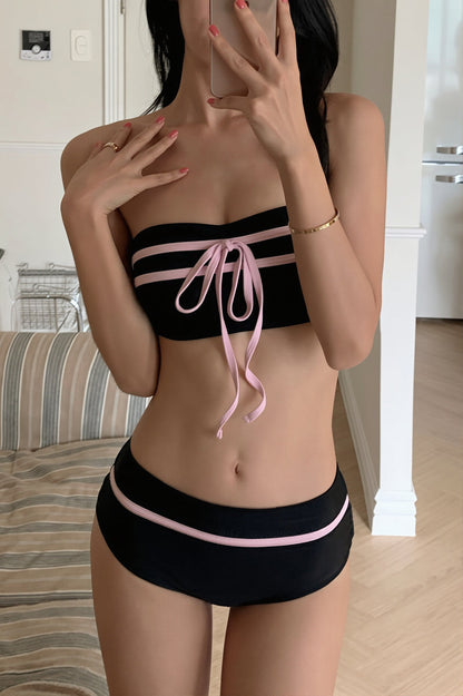 Bandeau Color Block Bow Sweet Bikini Set