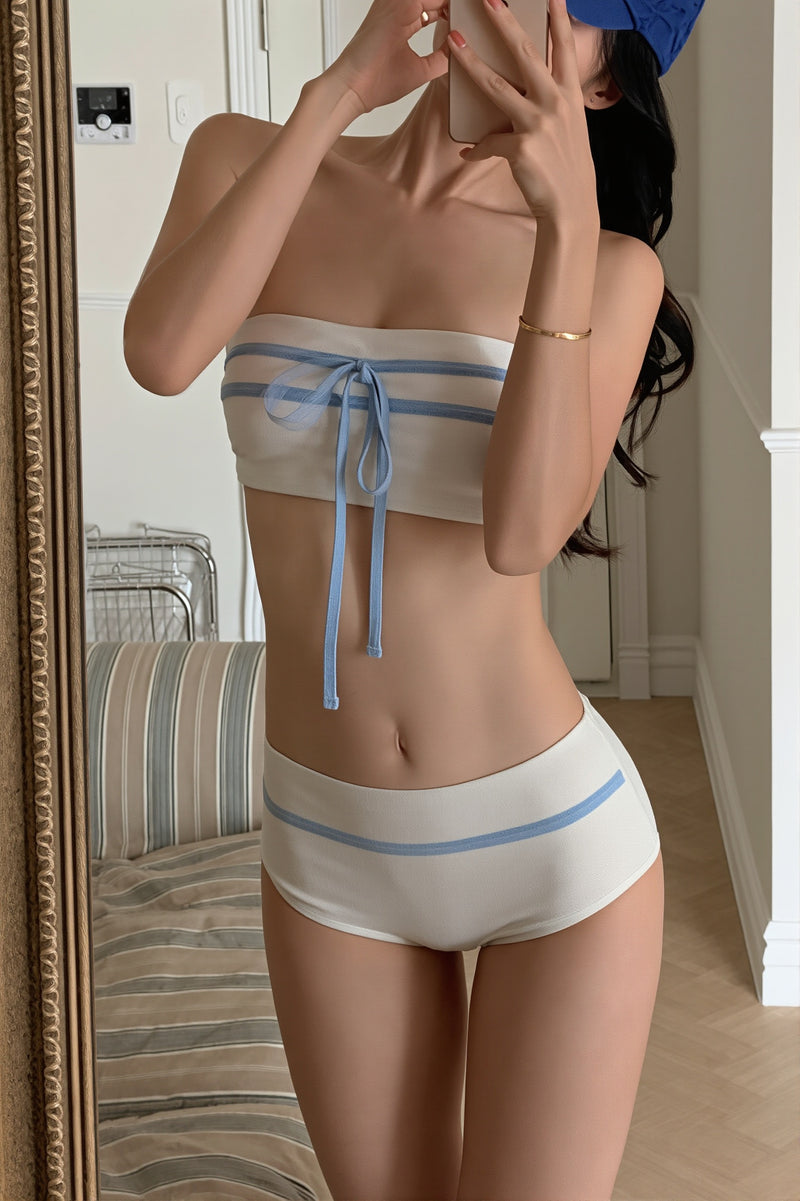 Bandeau Color Block Bow Sweet Bikini Set