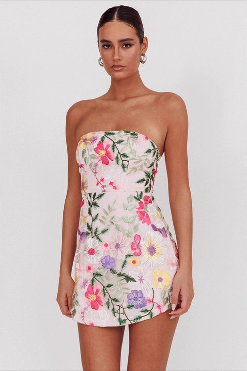 Bandeau Embroidered Floral Mini Dress