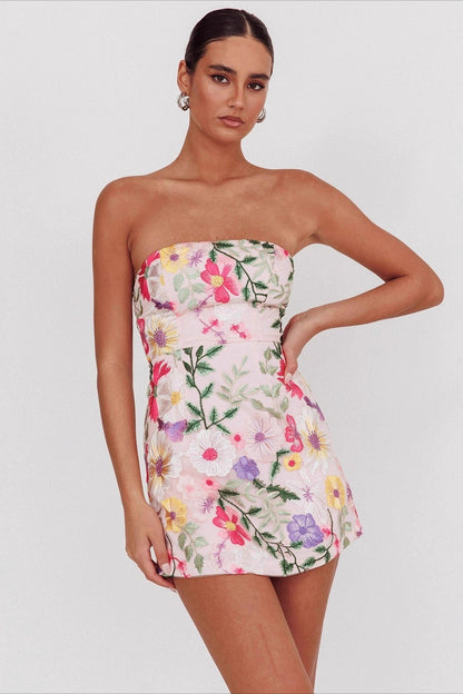 Bandeau Embroidered Floral Mini Dress