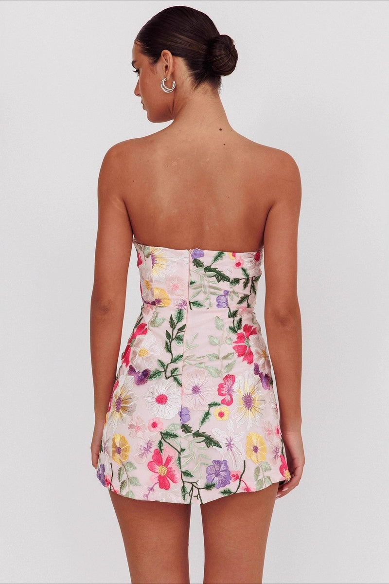 Bandeau Embroidered Floral Mini Dress
