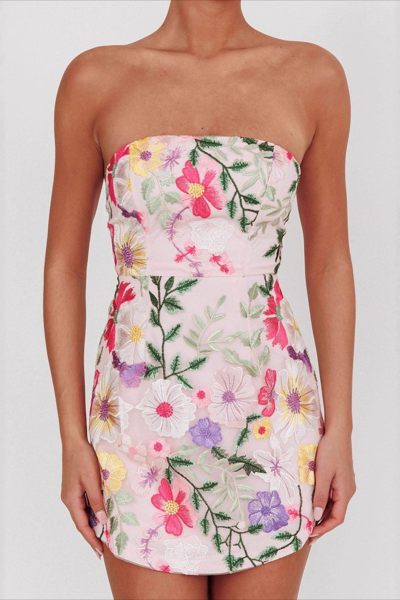 Bandeau Embroidered Floral Mini Dress