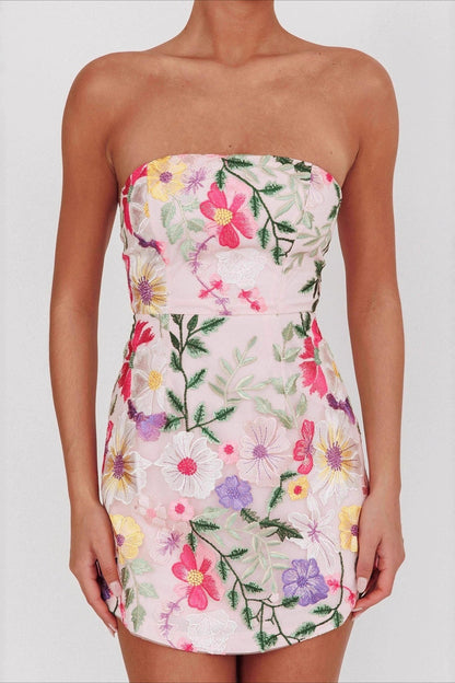 Bandeau Embroidered Floral Mini Dress