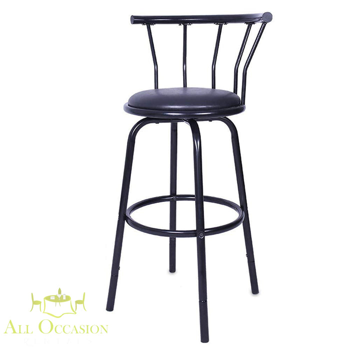 Bar Stool Swivel Black Metal with black metal frame and cushioned seat, ideal for casual parties and small spaces.
