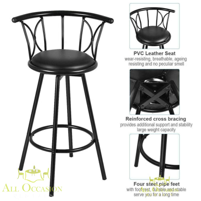 Bar Stool Swivel Black Metal, featuring a PVC leather seat and reinforced cross bracing for stability.
