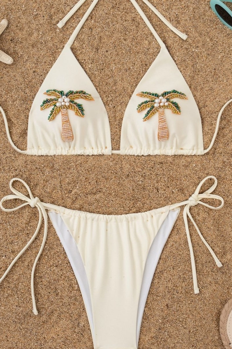 Beaded Coconut Tree Solid Bikini Set