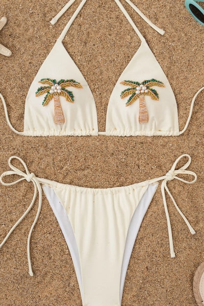 Beaded Coconut Tree Solid Bikini Set