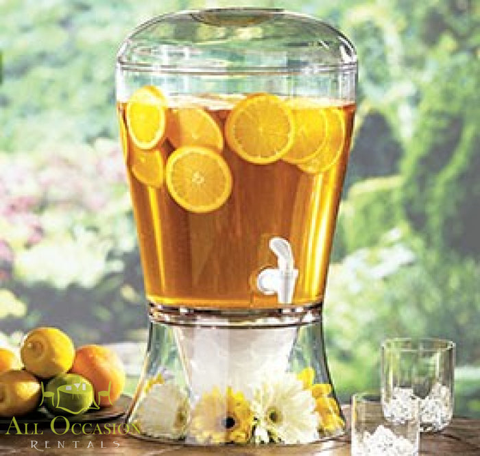 Beverage Dispenser Rental 3 gallon filled with iced tea and lemon slices, ideal for events.