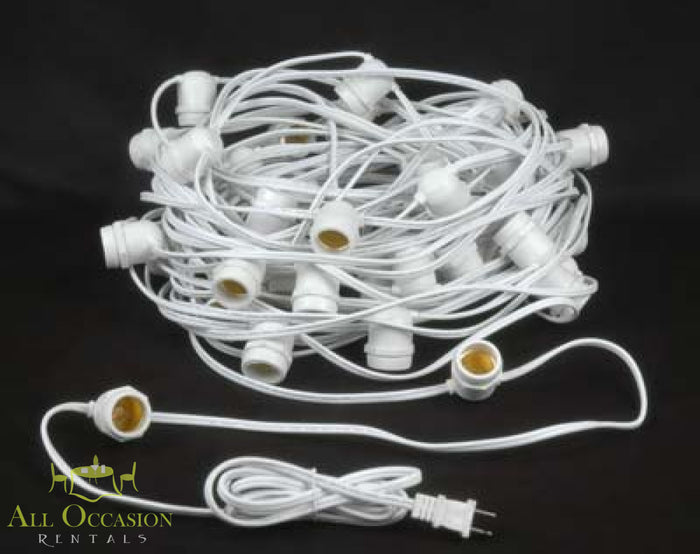 Bistro Lighting Rental 100ft white string lights with durable sockets for outdoor lighting.