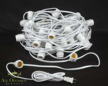 Bistro Lighting Rental 100ft white string lights with durable sockets for outdoor lighting.