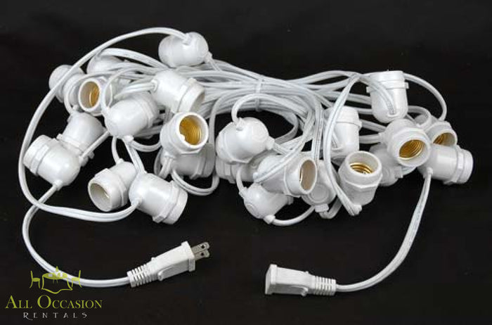 Bistro Lighting Rental 37.5ft white string lights cable and sockets on a black background.